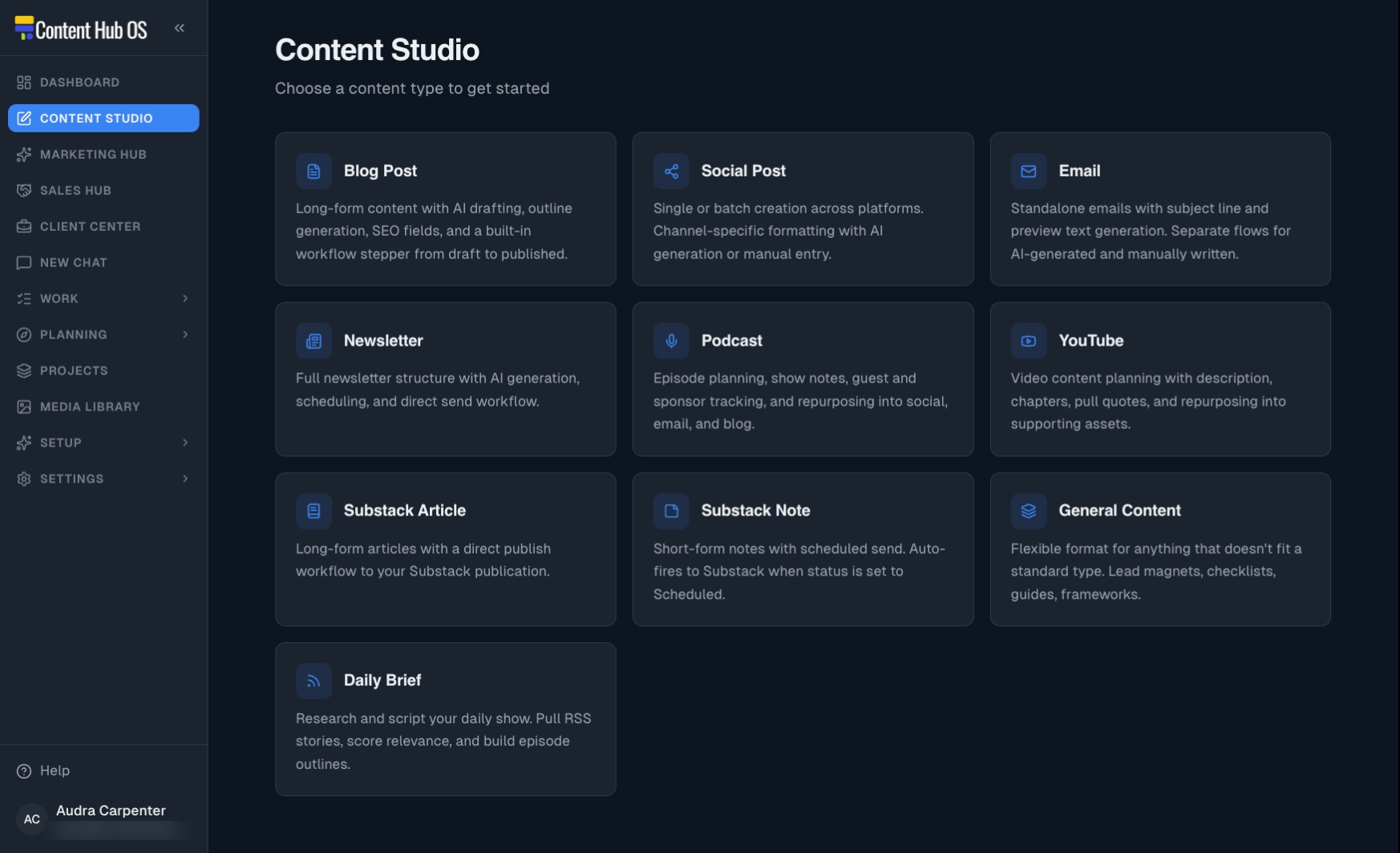 Content Hub OS Content Studio showing content workflows and navigation to marketing, sales, clients, planning, and projects.