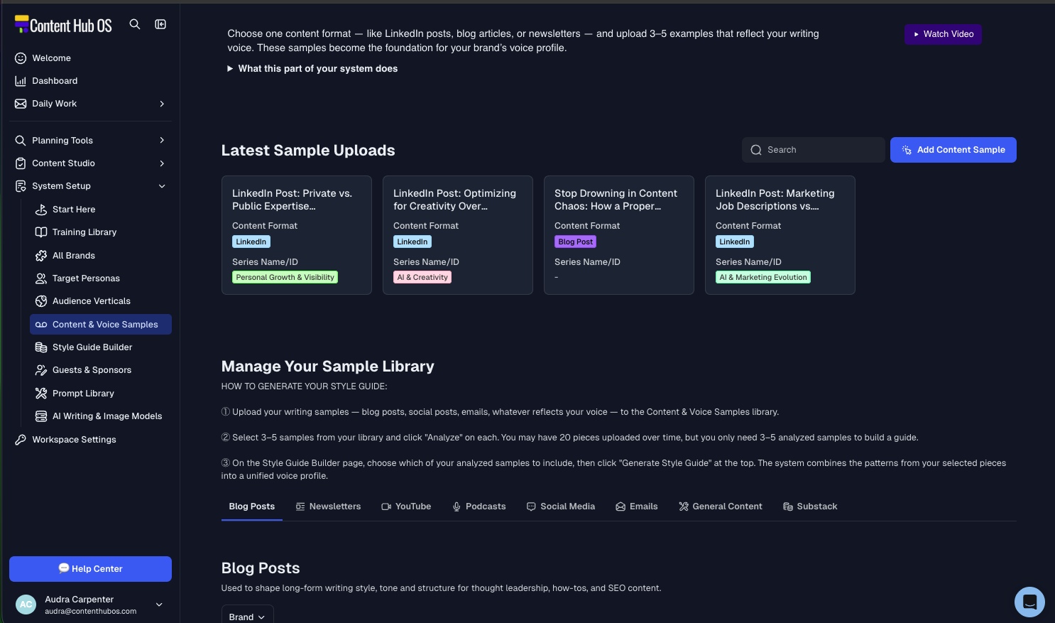 Content & Voice Samples setup screen inside Content Hub OS